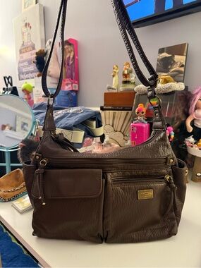 White Mountain Dark Brown Faux Leather Shoulder Bag with Gold Hardware